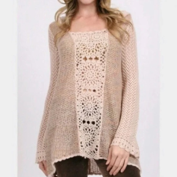 Free People Merci Hooded Wool Blend Crochet Tunic Sweater Size M Boho Festival - Picture 3 of 15